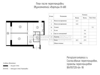 Первый вариант перепланировки двухкомнатной квартиры в доме серии II-68