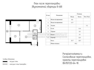 Четвертый вариант перепланировки двухкомнатной квартиры в доме серии II-68