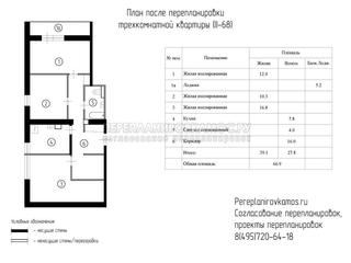 Первый вариант перепланировки трёхкомнатной квартиры в доме серии II-68