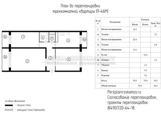 План до перепланировки трехкомнатной квартиры в доме серии П-46М