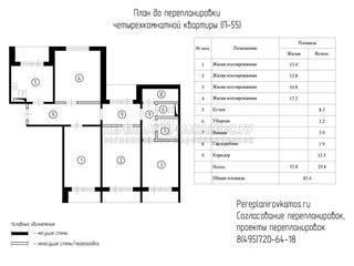 План до перепланировки четырехкомнатной квартиры дома серии П-55