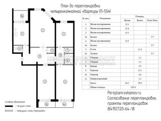 План до перепланировки четырехкомнатной квартиры дома серии П-55М 