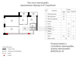 Второй вариант перепланировки трехкомнатной квартиры в доме серии Башня Смирновская