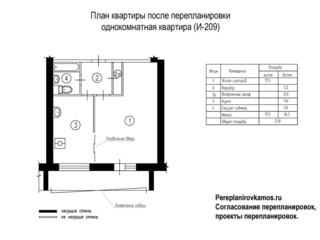 Первый вариант перепланировки однокомнатной квартиры серии И-209А