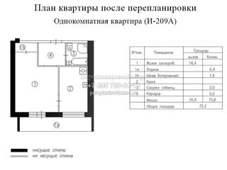 Второй вариант перепланировки в однокомнатной квартире дома серии И209А