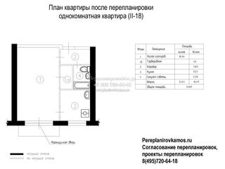 Первый вариант перепланировки однокомнатной квартиры серии II-18