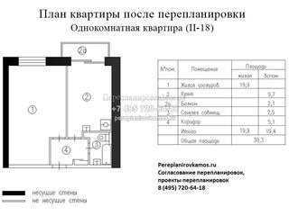 Первый вариант перепланировки в 1-комнатной квартире дома серии II-18