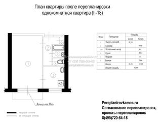 Второй вариант перепланировки однокомнатной квартиры серии II-18
