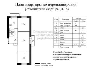 План до перепланировки трехкомнатной квартиры дома серии II-18