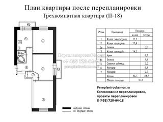 Первый вариант перепланировки в 3-хкомнатной квартире дома серии II-18