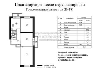 Второй вариант перепланировки в 3-хкомнатной квартире дома серии II-18