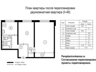 Шестой вариант перепланировки двухкомнатной квартиры серии II-49