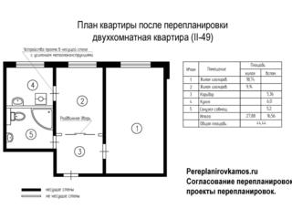 Восьмой вариант перепланировки двухкомнатной квартиры серии II-49