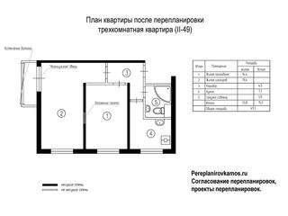 Второй вариант перепланировки трехкомнатной квартиры серии II-49