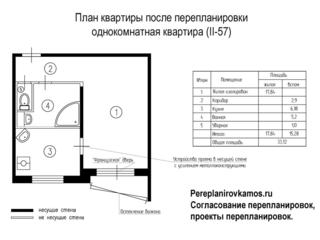 Первый вариант перепланировки однокомнатной квартиры серии II-57