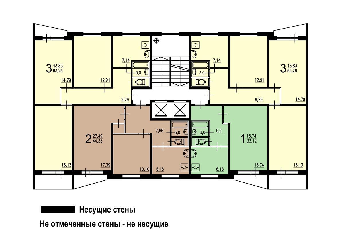 План этажа с указанием несущих конструкций серии II-57