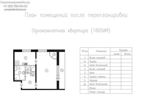 Второй вариант типовой перепланировки в однокомнатной квартире серии дома 1605АМ