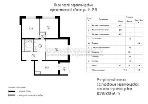 Третий вариант перепланировки трехкомнатной квартиры в доме серии И-155