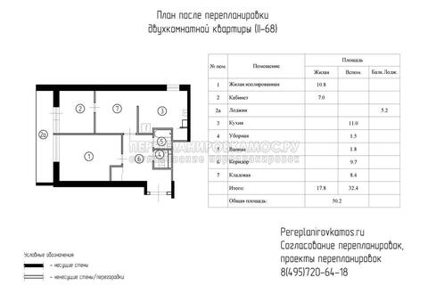 Второй вариант перепланировки двухкомнатной квартиры в доме серии II-68