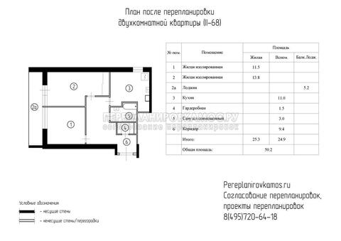 Пятый вариант перепланировки двухкомнатной квартиры в доме серии II-68
