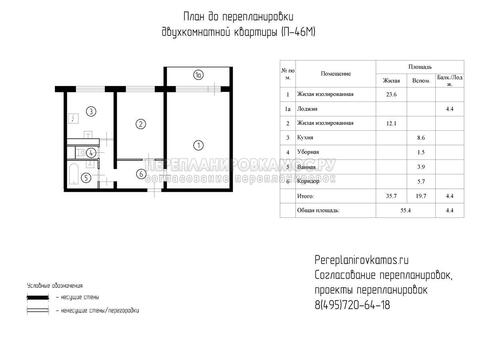 План до перепланировки двухкомнатной квартиры в доме серии П-46М