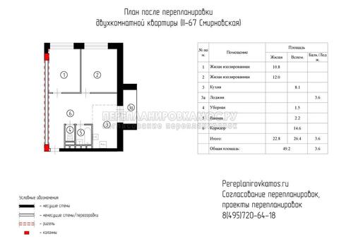 Второй вариант перепланировки двухкомнатной квартиры серии Башня Смирновская 