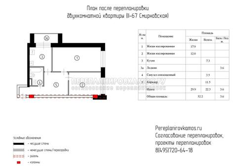 Пятый вариант перепланировки двухкомнатной квартиры серии Башня Смирновская 