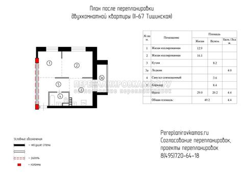  Первый вариант перепланировки двухкомнатной квартиры в доме серии Башня Тишинская 