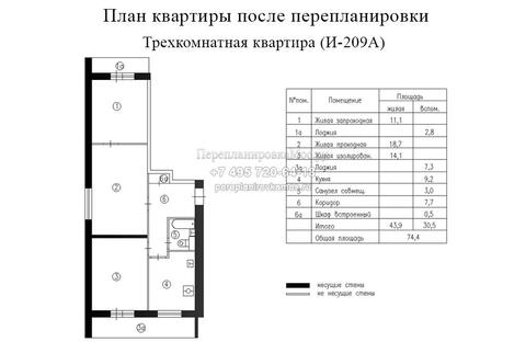 Первый вариант перепланировки в трехкомнатной квартире дома серии И209А