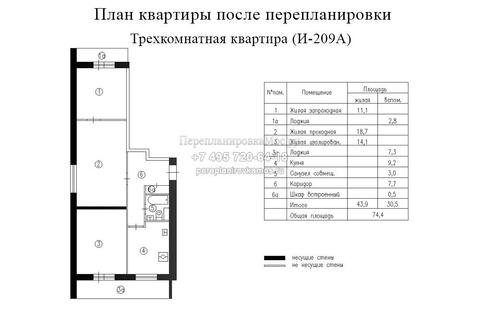 Второй вариант перепланировки в трехкомнатной квартире дома серии И209А