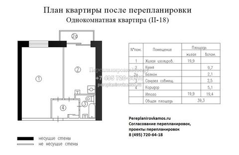Первый вариант перепланировки в 1-комнатной квартире дома серии II-18