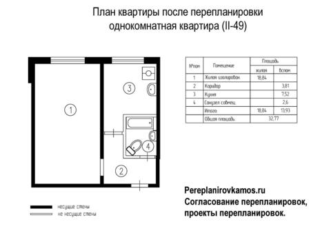 Третий вариант перепланировки однокомнатной квартиры серии дома II-49