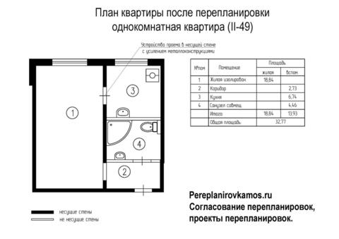 Первый вариант перепланировки однокомнатной квартиры серии дома II-49
