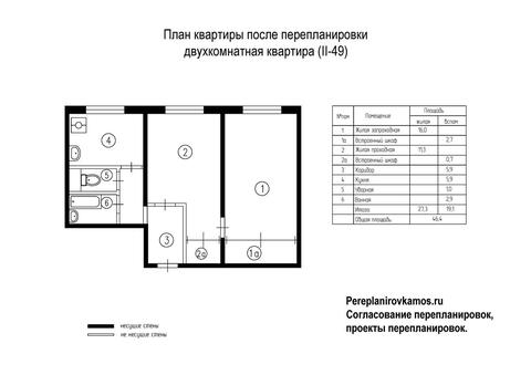Четвертый вариант перепланировки двухкомнатной квартиры серии II-49