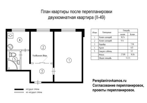 Пятый вариант перепланировки двухкомнатной квартиры серии II-49