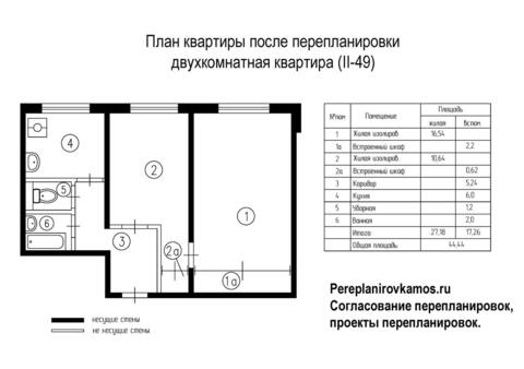 Шестой вариант перепланировки двухкомнатной квартиры серии II-49