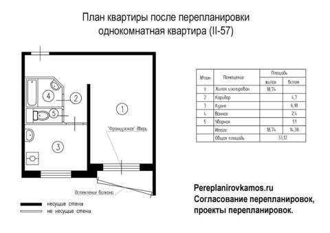Четвертый вариант перепланировки однокомнатной квартиры серии II-57