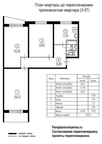 План до перепланировки трехкомнатной квартиры серии II-57