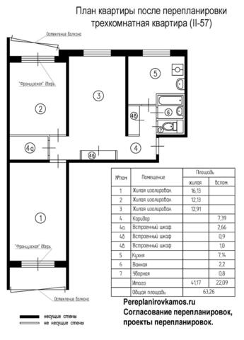 Четвертый вариант перепланировки трехкомнатной квартиры серии II-57