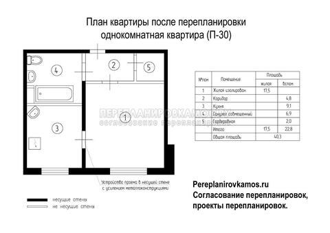 Первый вариант перепланировки однокомнатной квартиры серии П-30